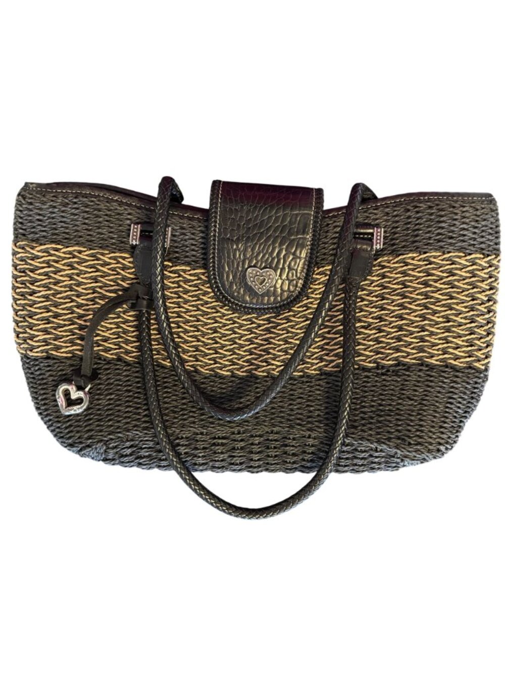 Brighton Savannah Black & Tan Braided Woven Handbag Heart Charm Accent - Picture 8 of 13